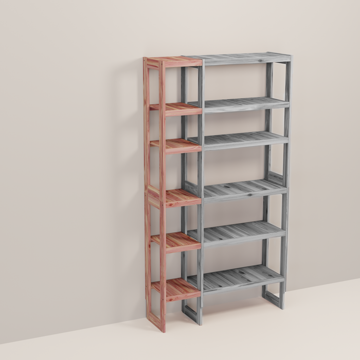 A wooden closet organizer add-on kit with multiple shelves, made from aromatic red cedar, with a natural finish.