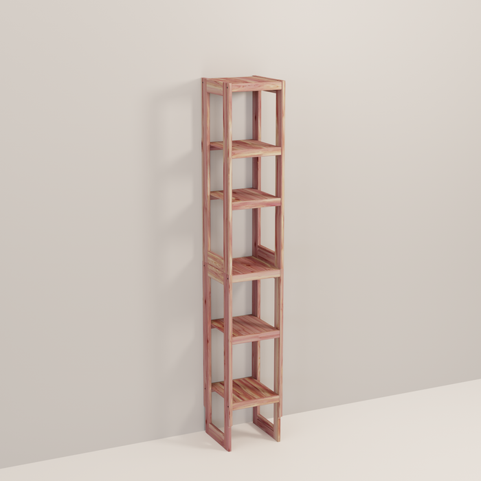 A tall wooden cedar cubby kit with multiple shelves, designed for closet organization.