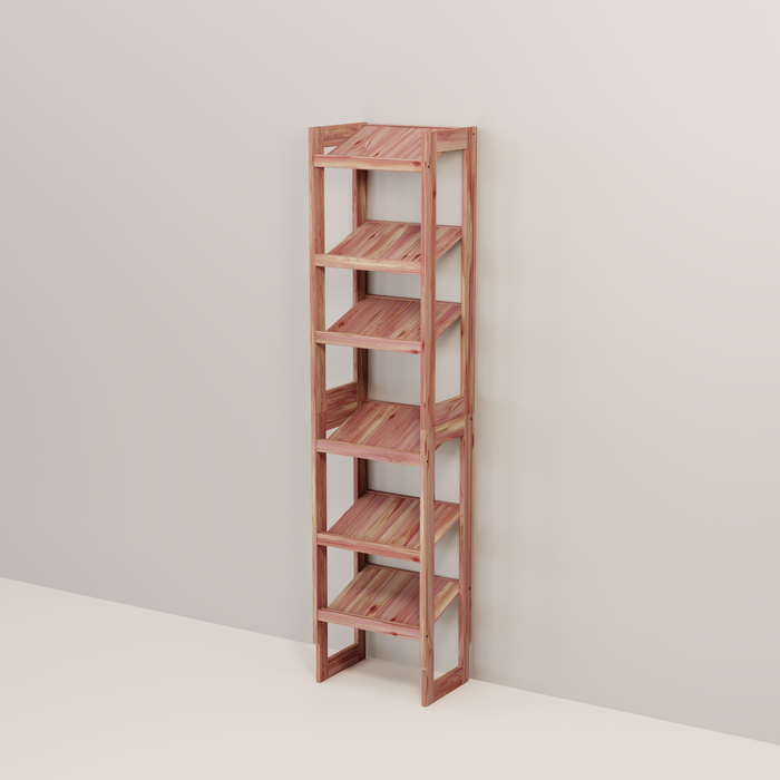 A free-standing aromatic red cedar shoe cubby with multiple shelves, flat-packed and ready for assembly.