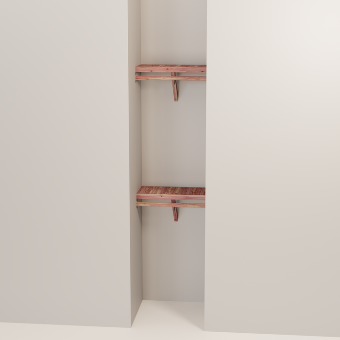 Organized closet featuring a double hanging kit with red cedar shelves, hanging rods, and J-hooks.