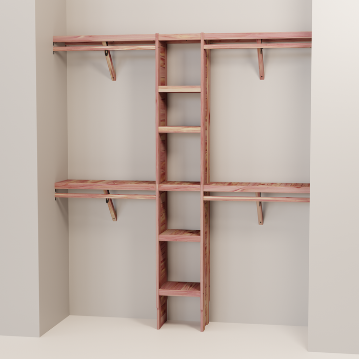 A closet wall kit made of aromatic red cedar, featuring multiple shelves and hanging rods within an organized closet space.