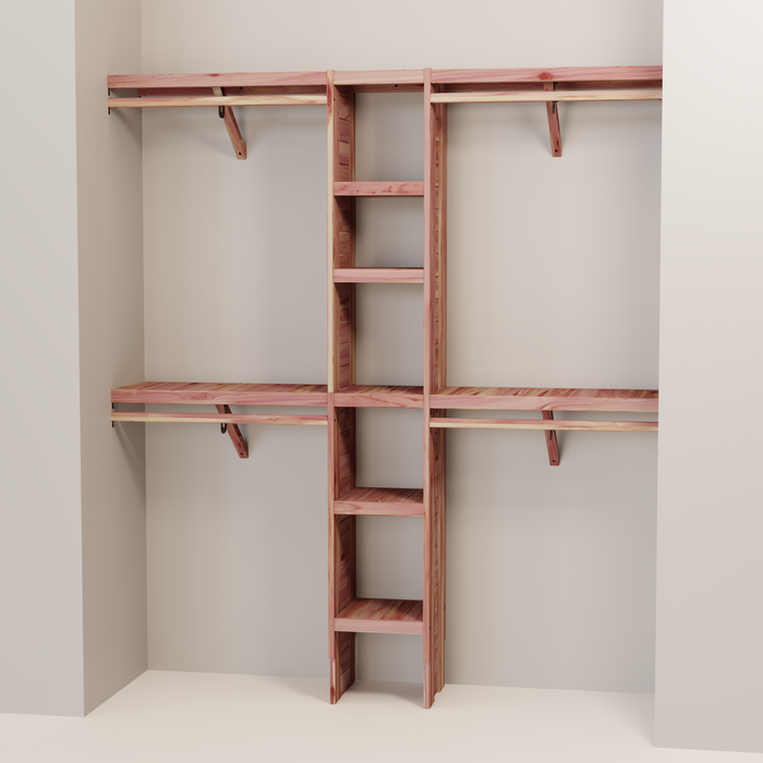 A closet wall kit made of aromatic red cedar, featuring multiple shelves and hanging rods within an organized closet space.
