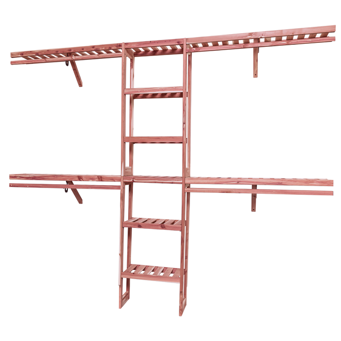 A closet wall kit made of aromatic red cedar, featuring multiple shelves and hanging rods within an organized closet space.