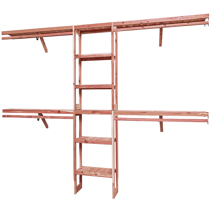A closet wall kit made of aromatic red cedar, featuring multiple shelves and hanging rods within an organized closet space.