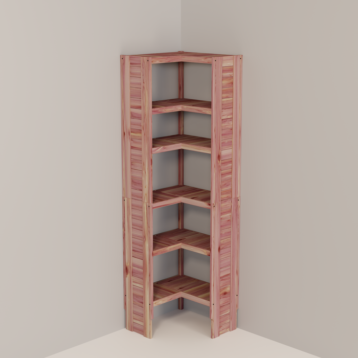 A free-standing aromatic red cedar corner cubby unit with multiple shelves.