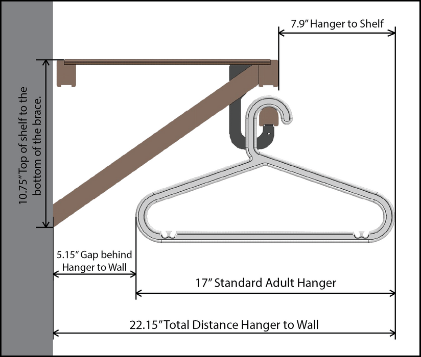 Measurement diagram of a hanger and shelf setup with dimensions labeled.