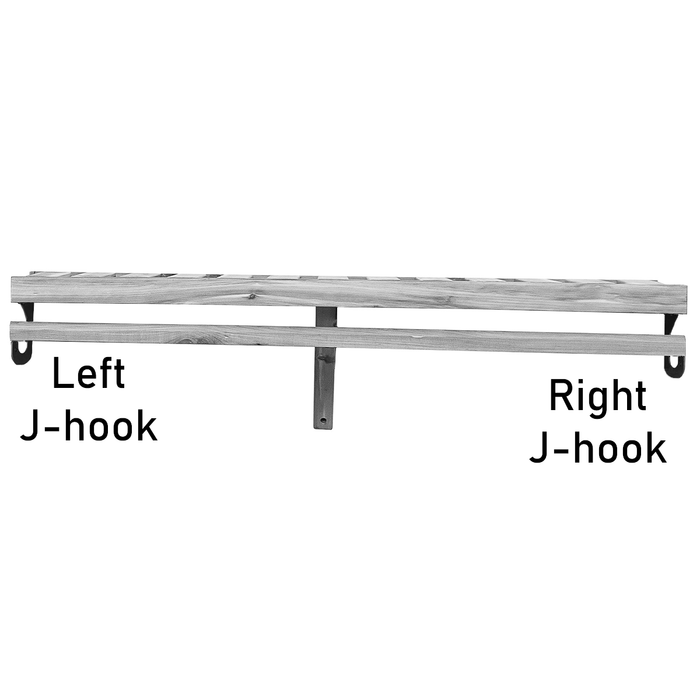 A pair of J-hooks, designed for wall mounting in a closet organization system.