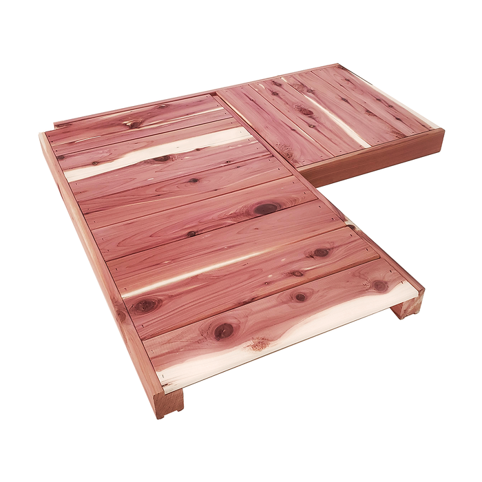 A cedar wooden corner shelf unit with shelf pegs, designed for closet organization.