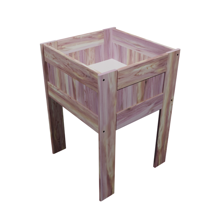 A solid wood retail product dump bin with adjustable melamine bottom, featuring a natural red cedar wood finish.