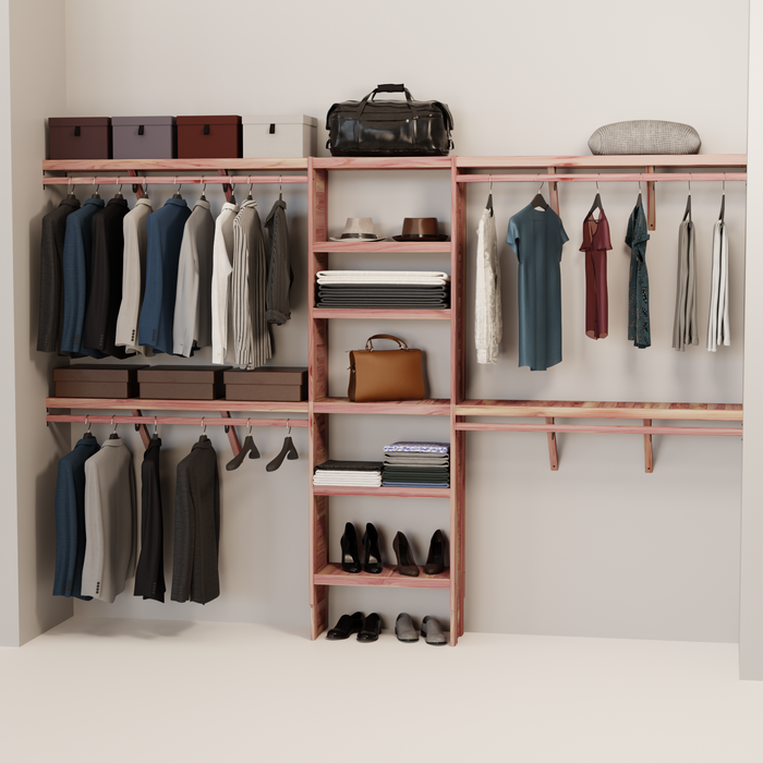 A closet wall kit made of aromatic red cedar, featuring multiple shelves and hanging rods within an organized closet space.