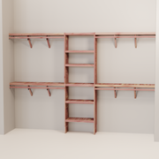 A closet wall kit made of aromatic red cedar, featuring multiple shelves and hanging rods within an organized closet space.