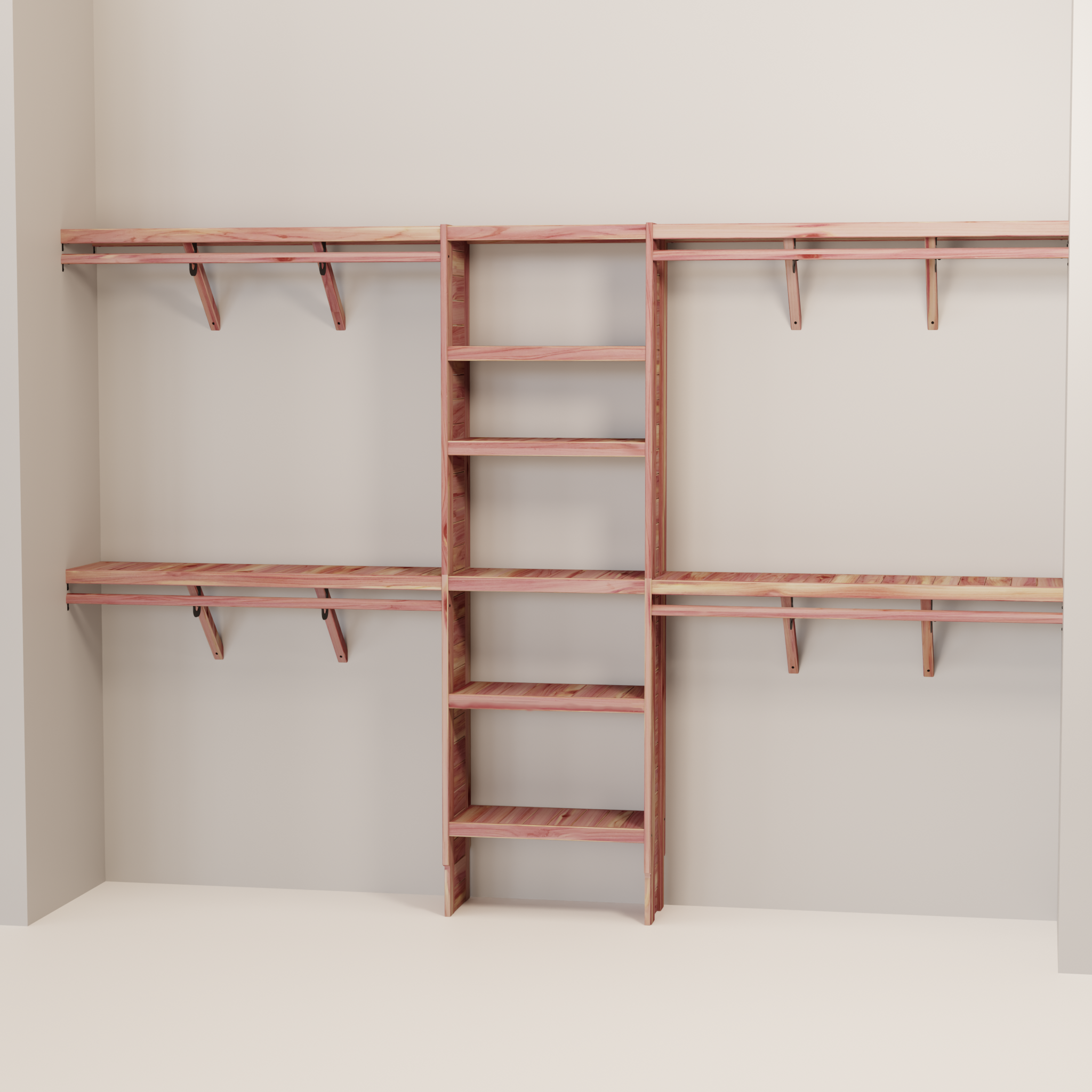 A closet wall kit made of aromatic red cedar, featuring multiple shelves and hanging rods within an organized closet space.