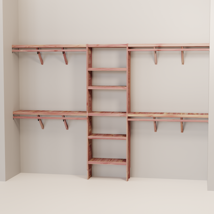 A closet wall kit made of aromatic red cedar, featuring multiple shelves and hanging rods within an organized closet space.