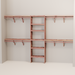 A closet wall kit made of aromatic red cedar, featuring multiple shelves and hanging rods within an organized closet space.