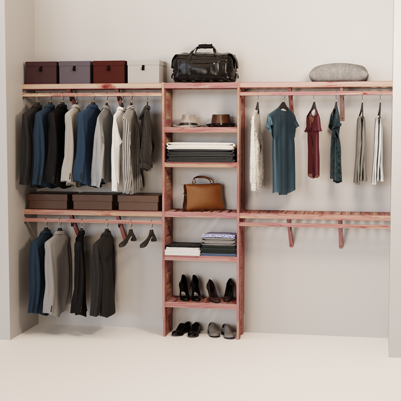 A closet wall kit made of aromatic red cedar, featuring multiple shelves and hanging rods within an organized closet space.