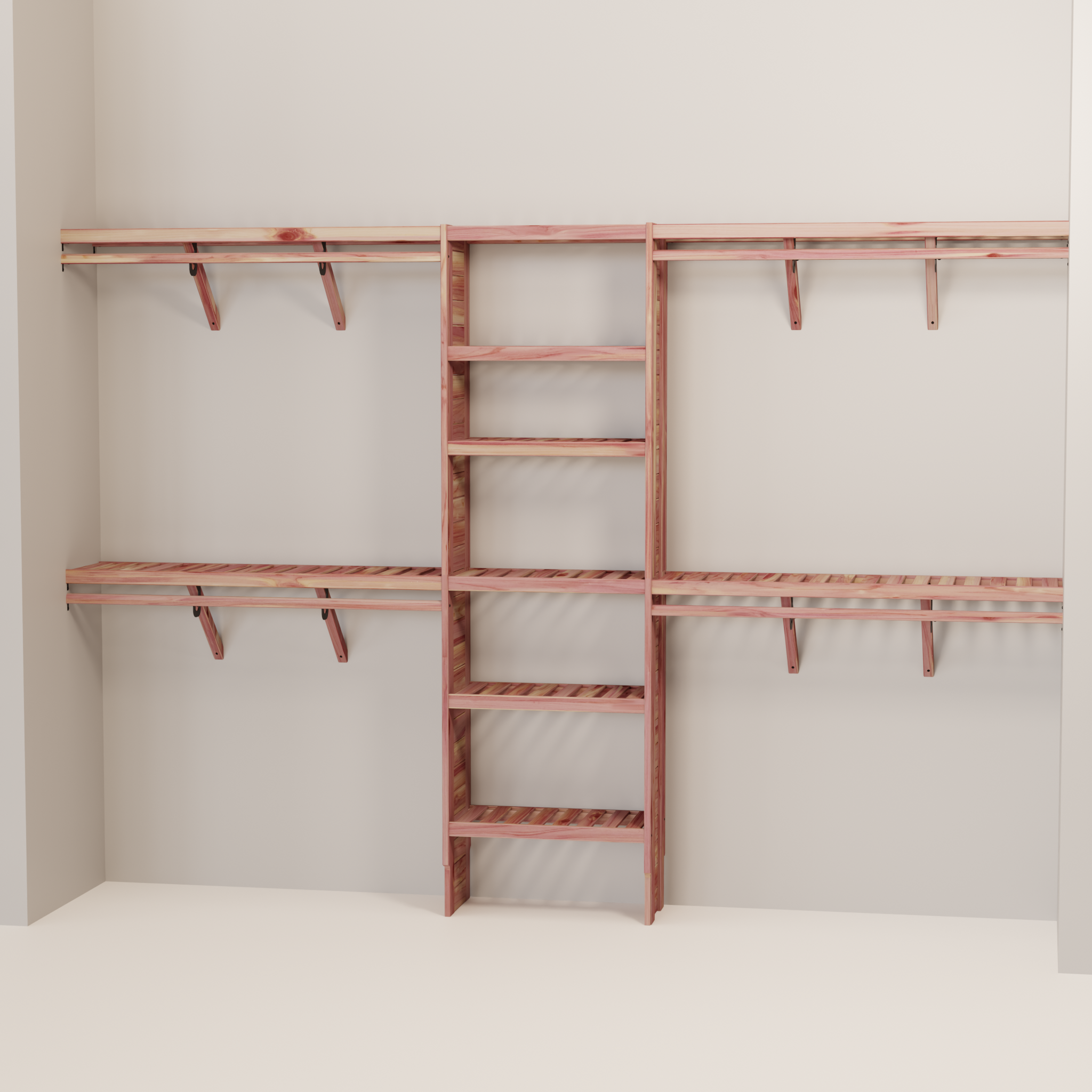 A closet wall kit made of aromatic red cedar, featuring multiple shelves and hanging rods within an organized closet space.