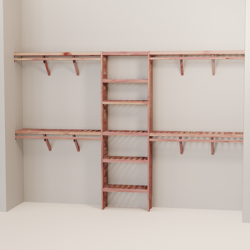 A closet wall kit made of aromatic red cedar, featuring multiple shelves and hanging rods within an organized closet space.