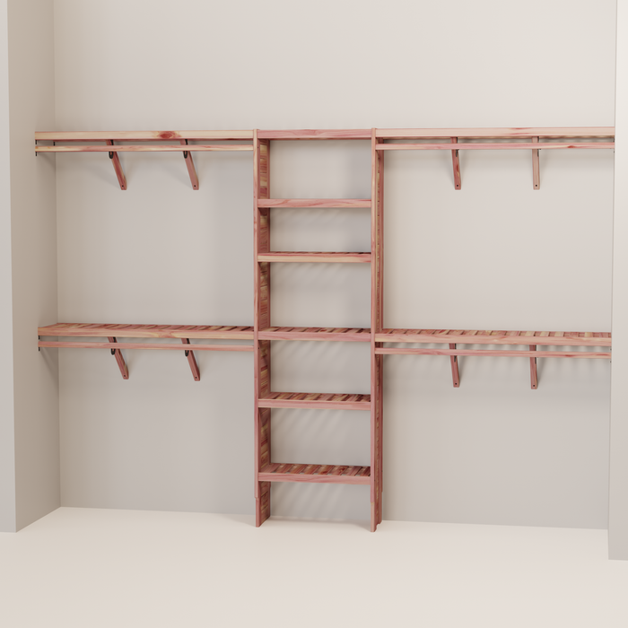 A closet wall kit made of aromatic red cedar, featuring multiple shelves and hanging rods within an organized closet space.