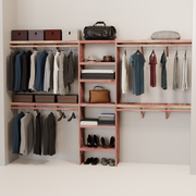 A closet wall kit made of aromatic red cedar, featuring multiple shelves and hanging rods within an organized closet space.