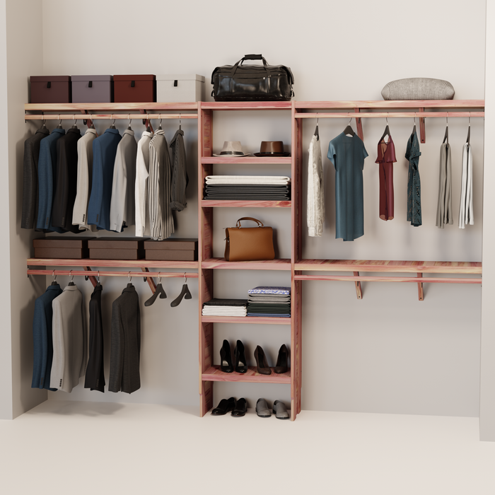 A closet wall kit made of aromatic red cedar, featuring multiple shelves and hanging rods within an organized closet space.