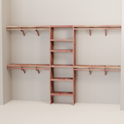 A closet wall kit made of aromatic red cedar, featuring multiple shelves and hanging rods within an organized closet space.