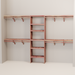 A closet wall kit made of aromatic red cedar, featuring multiple shelves and hanging rods within an organized closet space.