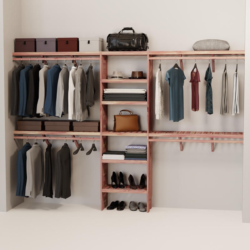 A closet wall kit made of aromatic red cedar, featuring multiple shelves and hanging rods within an organized closet space.