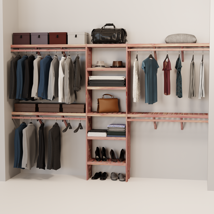A closet wall kit made of aromatic red cedar, featuring multiple shelves and hanging rods within an organized closet space.