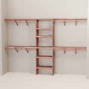 A closet wall kit made of aromatic red cedar, featuring multiple shelves and hanging rods within an organized closet space.
