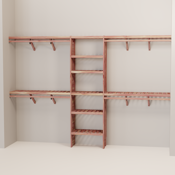 A closet wall kit made of aromatic red cedar, featuring multiple shelves and hanging rods within an organized closet space.