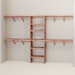 A closet wall kit made of aromatic red cedar, featuring multiple shelves and hanging rods within an organized closet space.