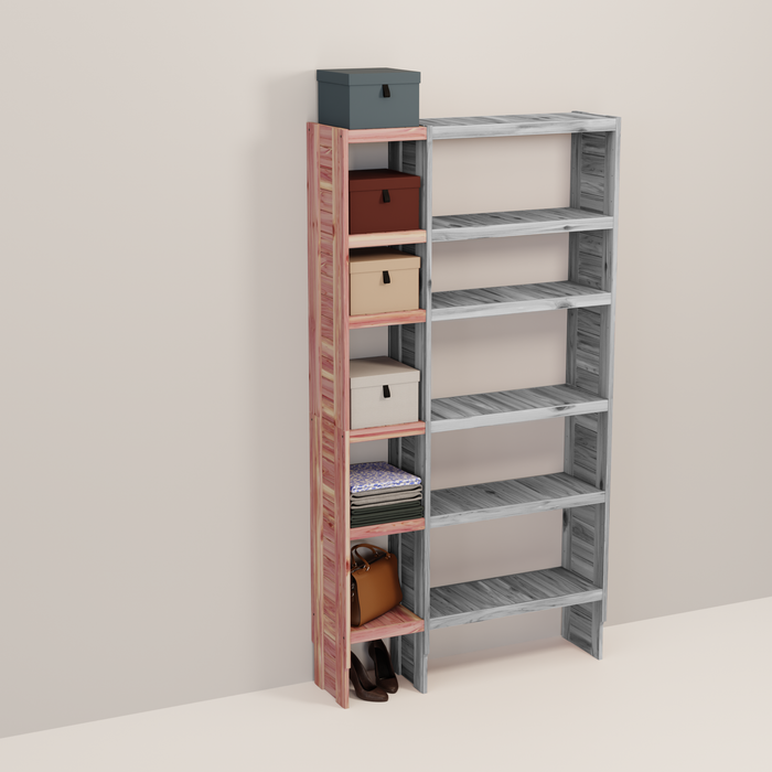A wooden closet organizer add-on kit with multiple shelves, made from aromatic red cedar, with a natural finish.