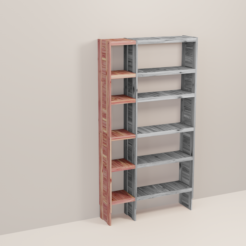 A wooden closet organizer add-on kit with multiple shelves, made from aromatic red cedar, with a natural finish.