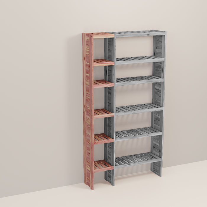 A wooden closet organizer add-on kit with multiple shelves, made from aromatic red cedar, with a natural finish.