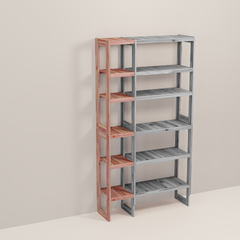 A wooden closet organizer add-on kit with multiple shelves, made from aromatic red cedar, with a natural finish.