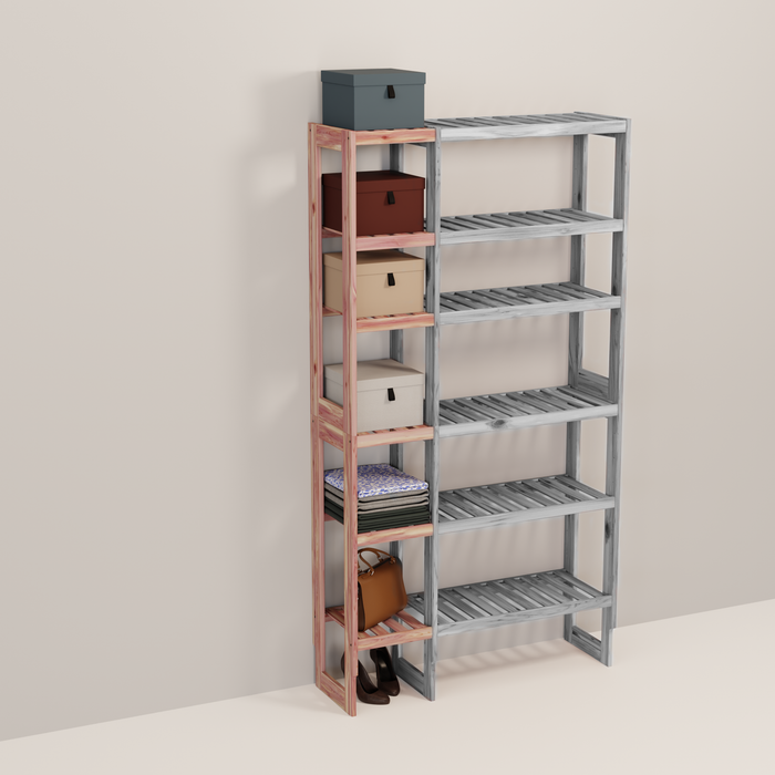 A wooden closet organizer add-on kit with multiple shelves, made from aromatic red cedar, with a natural finish.
