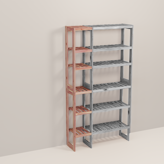 A wooden closet organizer add-on kit with multiple shelves, made from aromatic red cedar, with a natural finish.