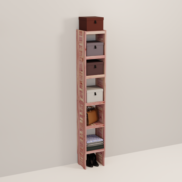 A tall wooden cedar cubby kit with multiple shelves, designed for closet organization.