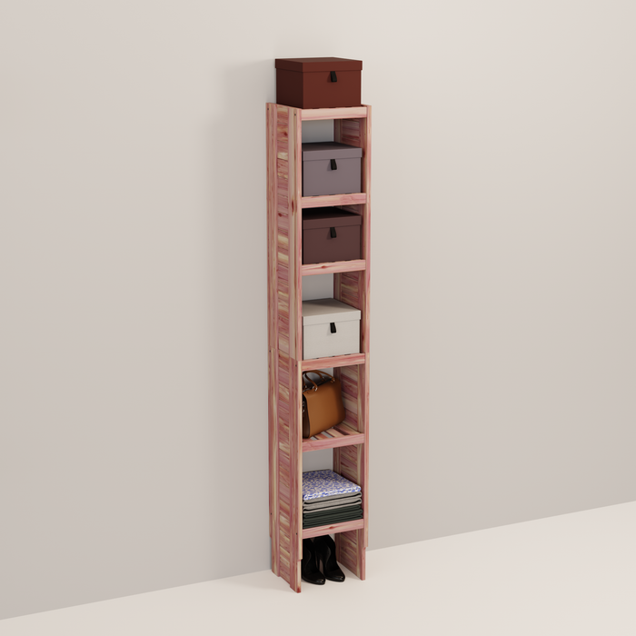 A tall wooden cedar cubby kit with multiple shelves, designed for closet organization.