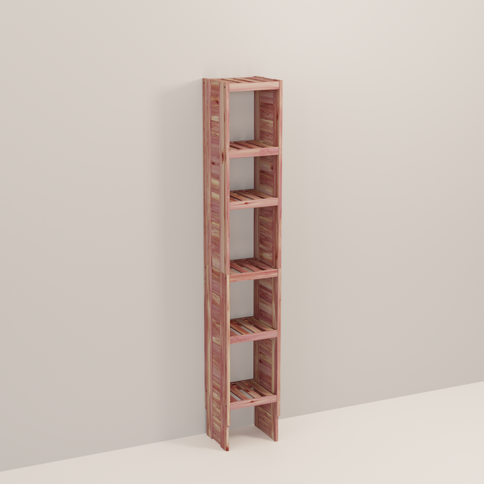 A tall wooden cedar cubby kit with multiple shelves, designed for closet organization.