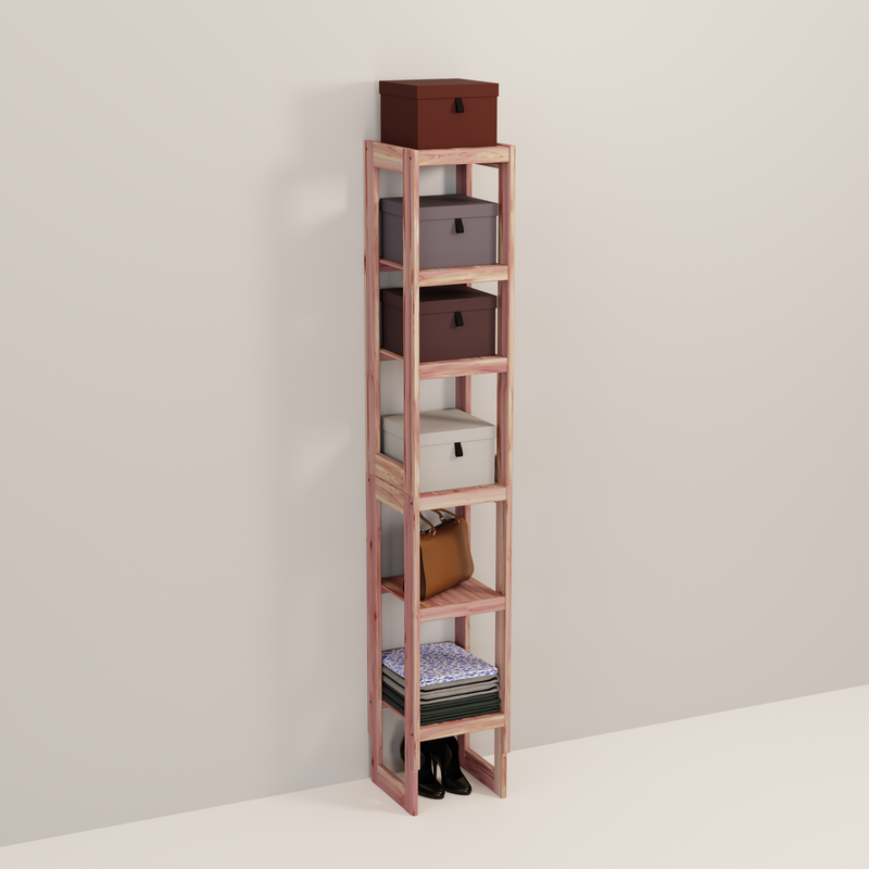 A tall wooden cedar cubby kit with multiple shelves, designed for closet organization.