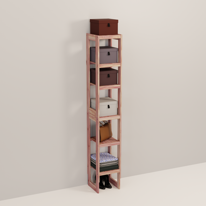 A tall wooden cedar cubby kit with multiple shelves, designed for closet organization.