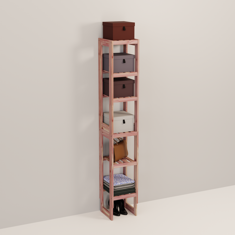A tall wooden cedar cubby kit with multiple shelves, designed for closet organization.