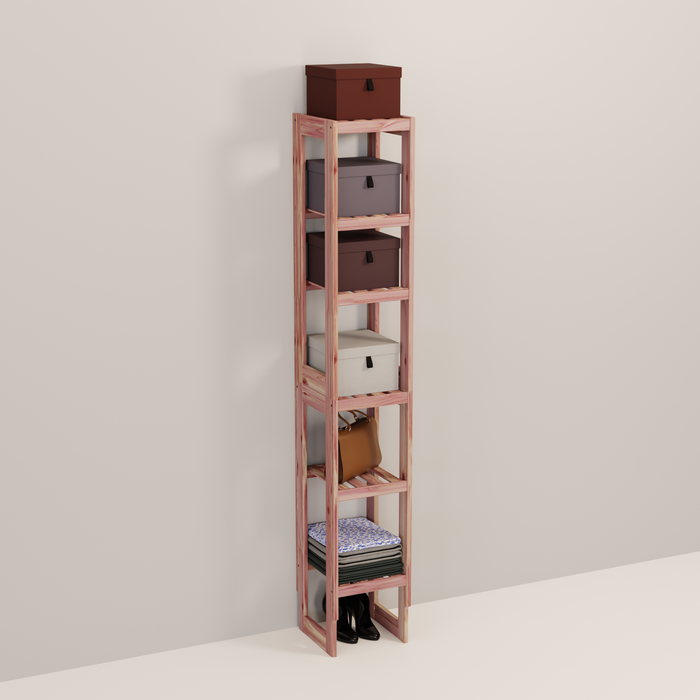 A tall wooden cedar cubby kit with multiple shelves, designed for closet organization.