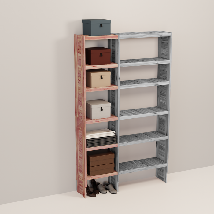 A wooden closet organizer add-on kit with multiple shelves, made from aromatic red cedar, with a natural finish.
