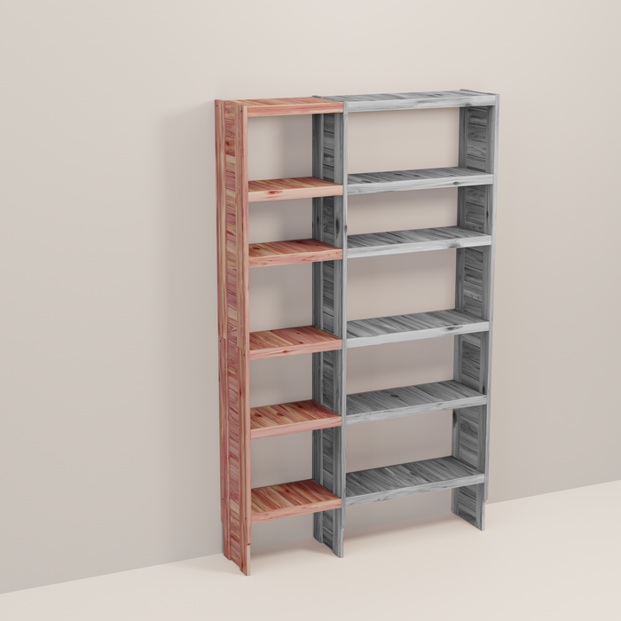 A wooden closet organizer add-on kit with multiple shelves, made from aromatic red cedar, with a natural finish.
