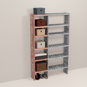 A wooden closet organizer add-on kit with multiple shelves, made from aromatic red cedar, with a natural finish.