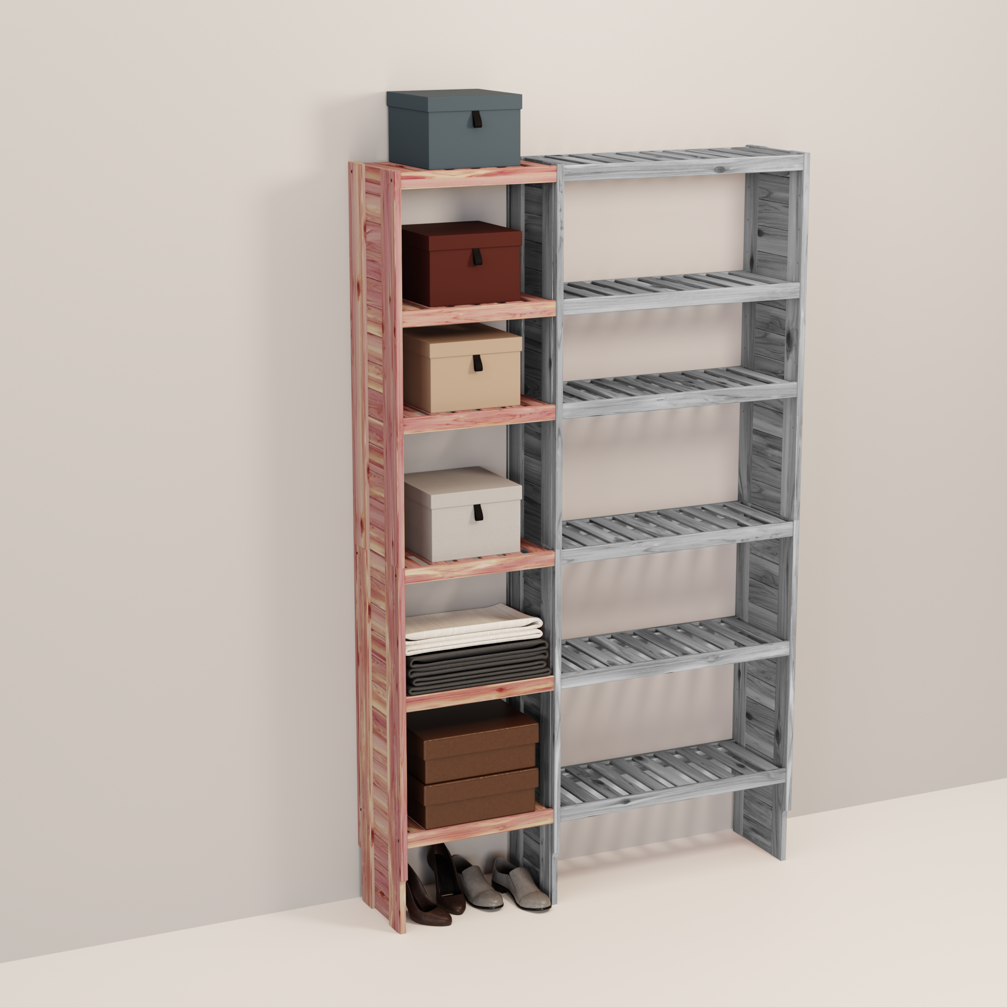 A wooden closet organizer add-on kit with multiple shelves, made from aromatic red cedar, with a natural finish.