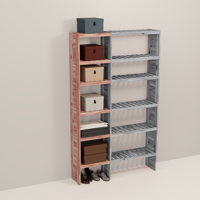 A wooden closet organizer add-on kit with multiple shelves, made from aromatic red cedar, with a natural finish.