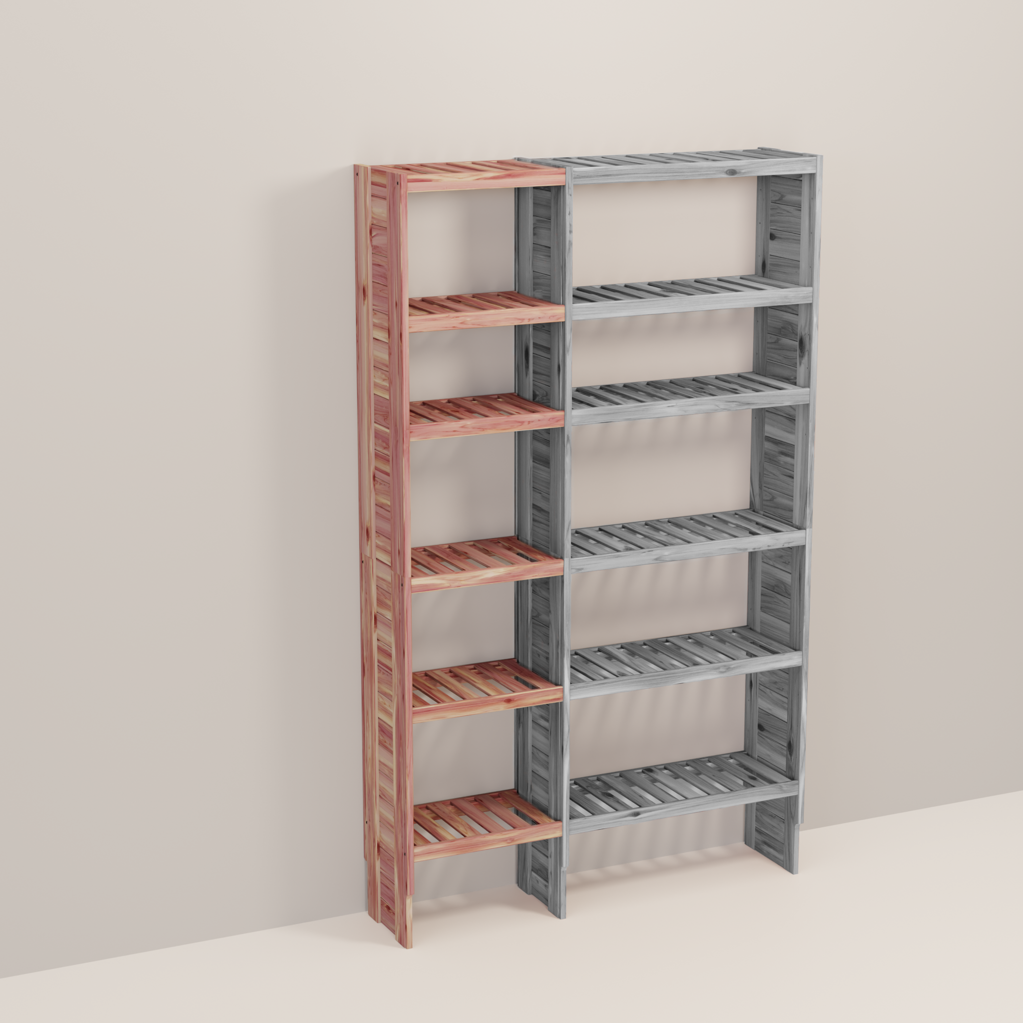 A wooden closet organizer add-on kit with multiple shelves, made from aromatic red cedar, with a natural finish.